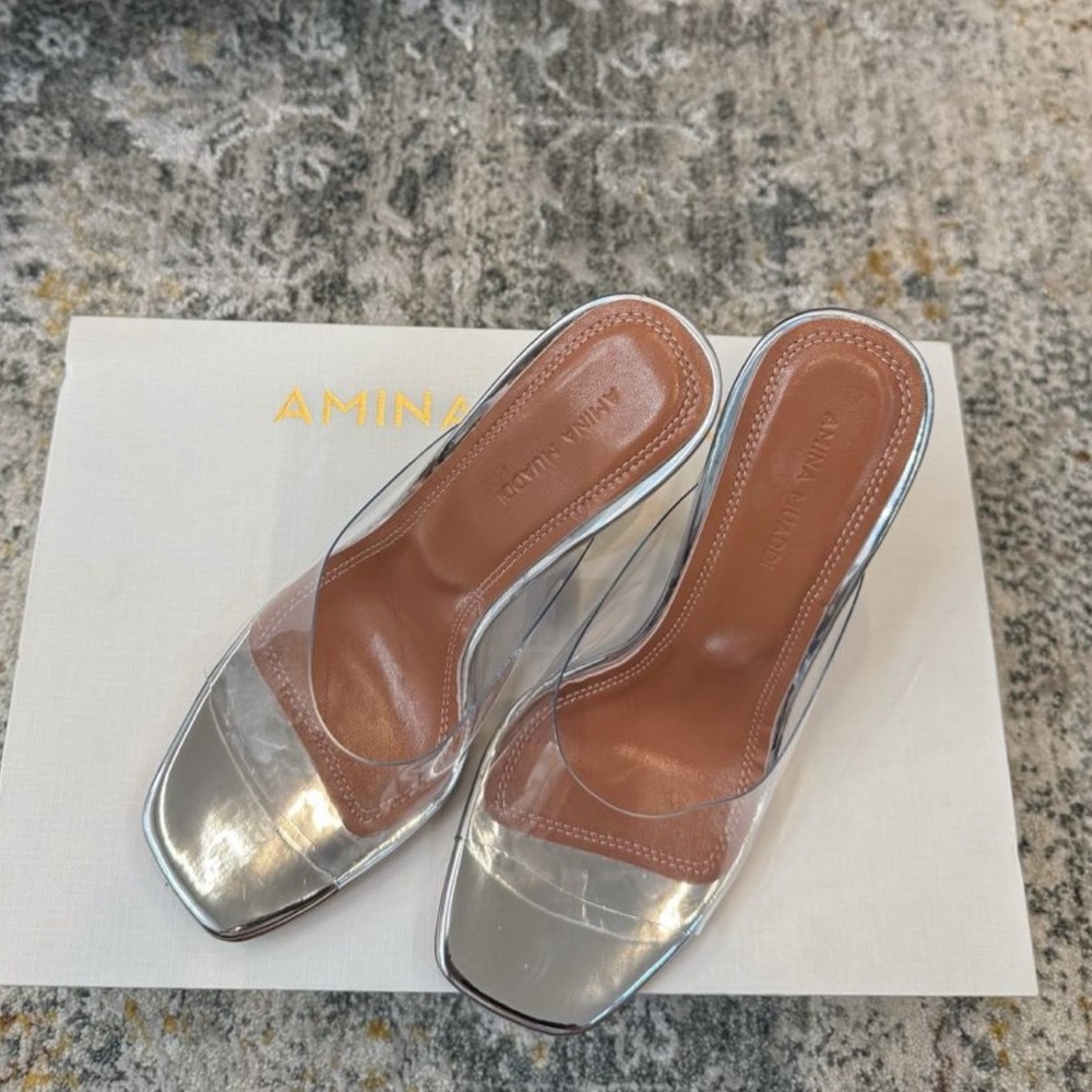 Amina Muaddi Silver Clear Heels